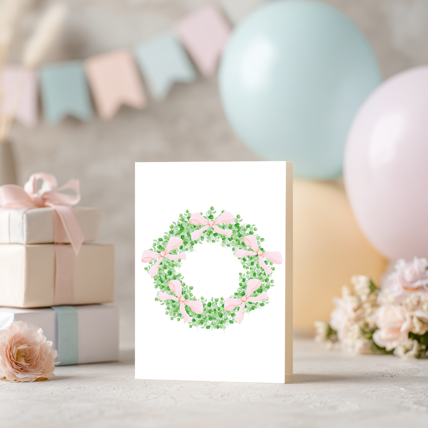Wreath with Pink Bows Greeting Card – Watercolor Design on Linen Cardstock