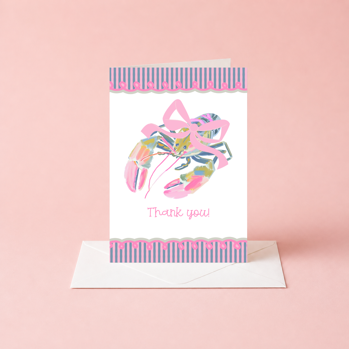 Lobster Thank You Card – Illustrated Coastal Design with Preppy Striped Border
