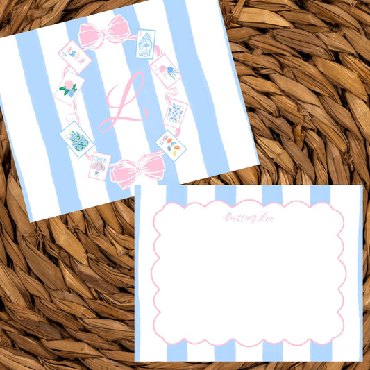 Mahjong Notecards | Personalized Mahjong Stationery | Custom Name Notecards | Preppy Mahjong Gift | Blue Stripe Bow Cards | Mahjong Gift