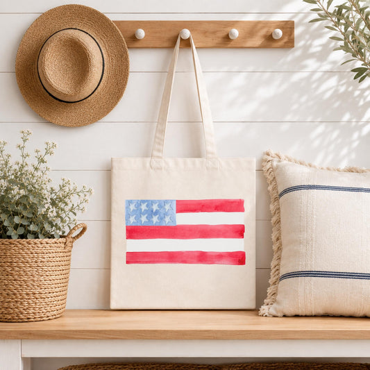 American Flag Tote Bag Canvas Watercolor Design Patriotic Shopping Carrier Reusable Eco Friendly Material Perfect Fourth Of July Independence Day Memorial Day Celebration Gift Spacious Interior Comfortable Shoulder Handles Everyday Use