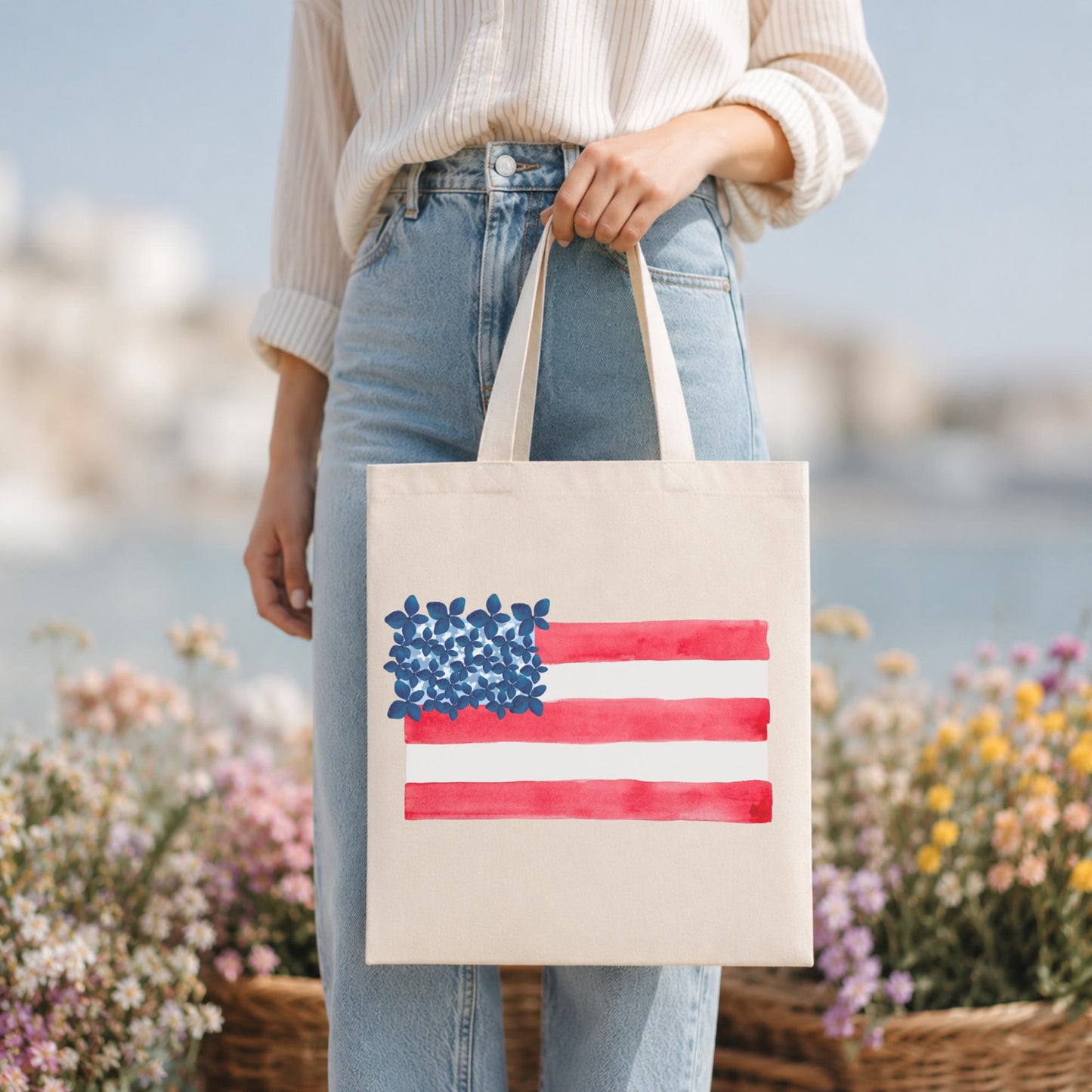 Canvas Reusable Shopping Bag American Flag Design Eco Friendly Sustainable Tote Carrier Perfect Grocery Shopping Beach Carry Daily Essential Patriotic Watercolor Stars Stripes Pattern Red White Blue Cotton Material Independence Day Memorial