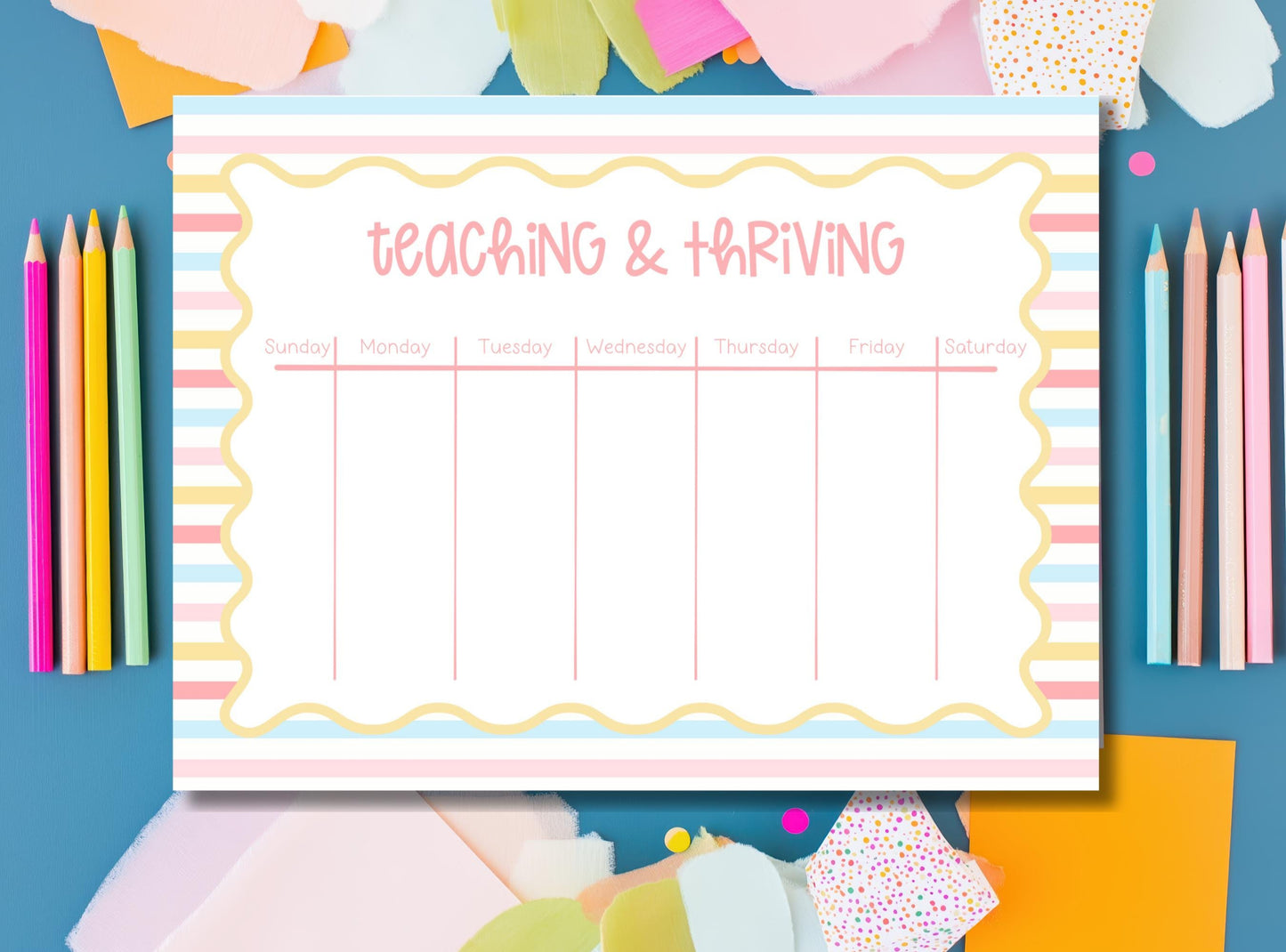 Teacher Planner Weekly Schedule Notepad Tearaway Desk Organizer Lesson Planning Essential Classroom Planning Station Supplies Premium Paper Quality Sunday Through Saturday Layout Pastel Striped Border Scalloped Frame Design Perfect