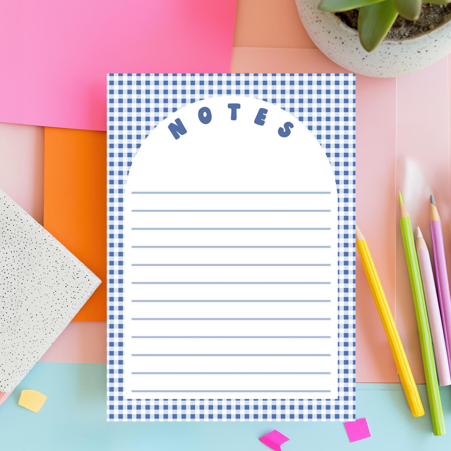 Lined Notepad Paper Blue Checkered Border Design Tear Away Pages Daily Task Planning Office Organization Supplies Premium Quality Writing Surface Chipboard Backing 5x7 Inches 50 Sheet Pad Shopping List Essential Gingham Pattern Stationery