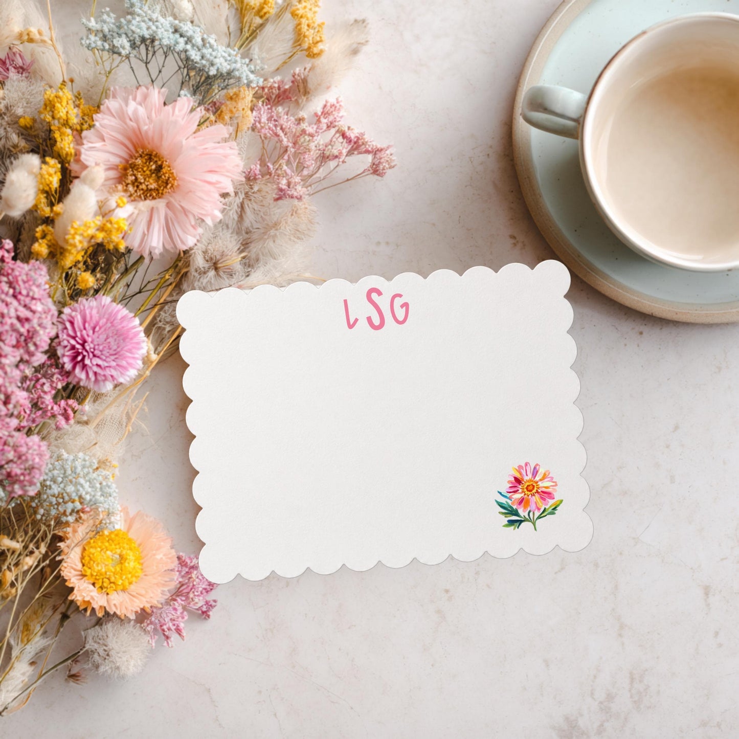 Custom Notecard Set Personalized Monogram Initial Stationery Bridal Shower Gift Ideas Pink Floral Watercolor Corner Design Scalloped Edge Thank You Cards Graduation Correspondence Collection Premium Writing Paper Wedding Party Gifts