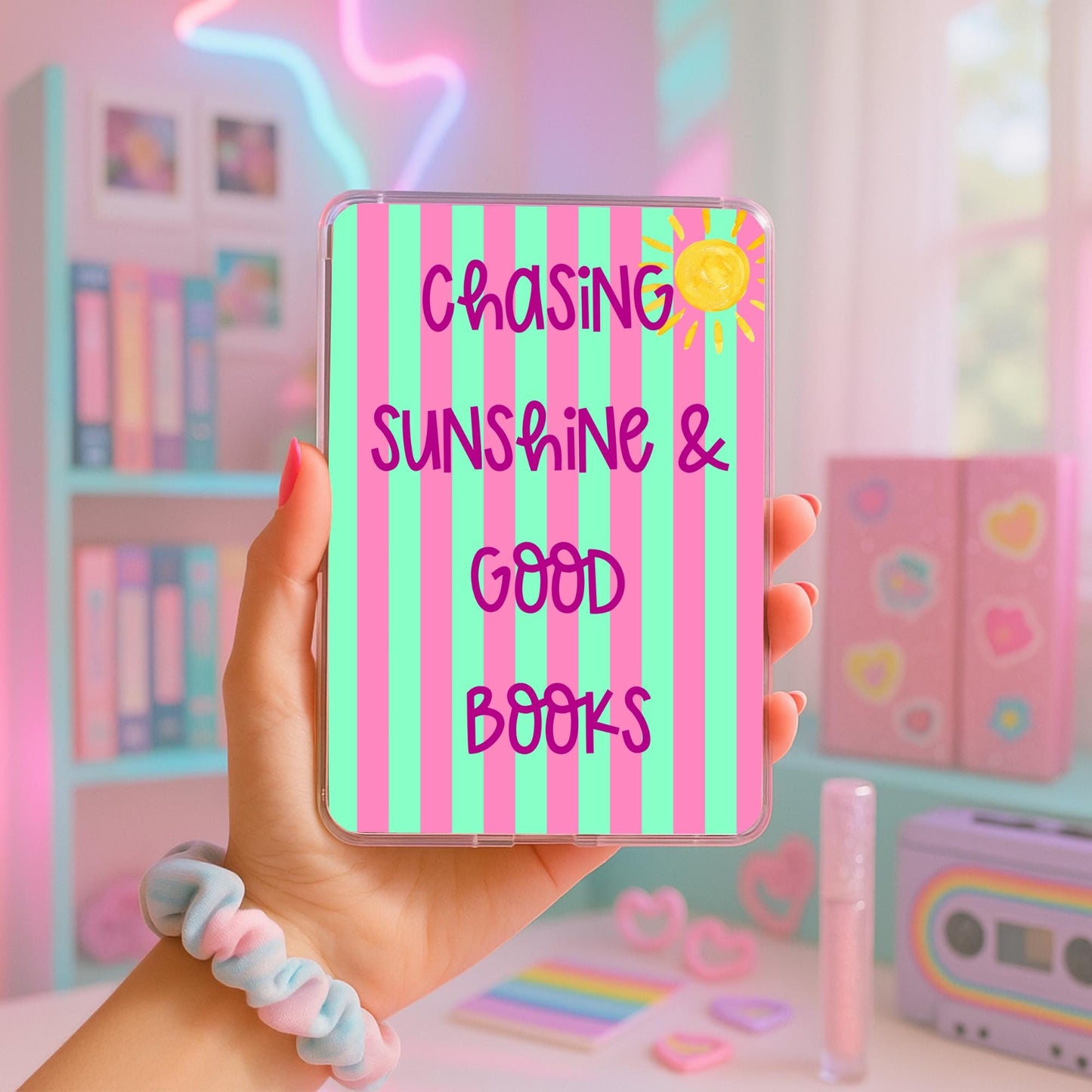 Kindle Case Insert Protective Device Sleeve Ereader Accessory Laminated Cardstock Construction Decorative Reading Quote Design Striped Sunshine Pattern Fits Standard Kindle Kobo Clear Cases Pink Mint Green Colorful Design Yellow Sun