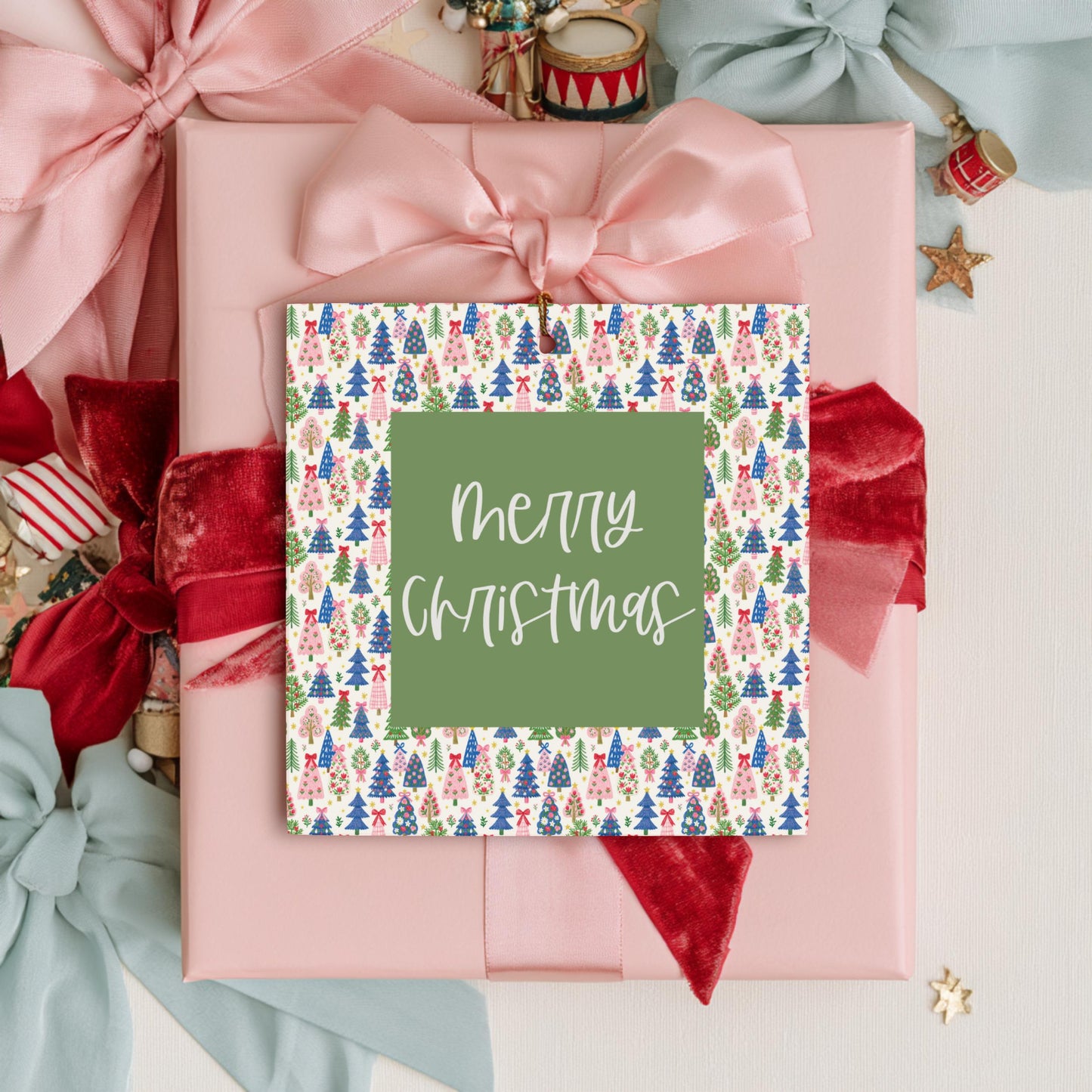 Festive Package Marker Christmas Gift Tag Linen Cardstock Construction Premium Quality Material Tree Pattern Border Design String Attached Ready To Use Merry Christmas Script Lettering Natural Twine Attachment Pre Punched Hole Perfect
