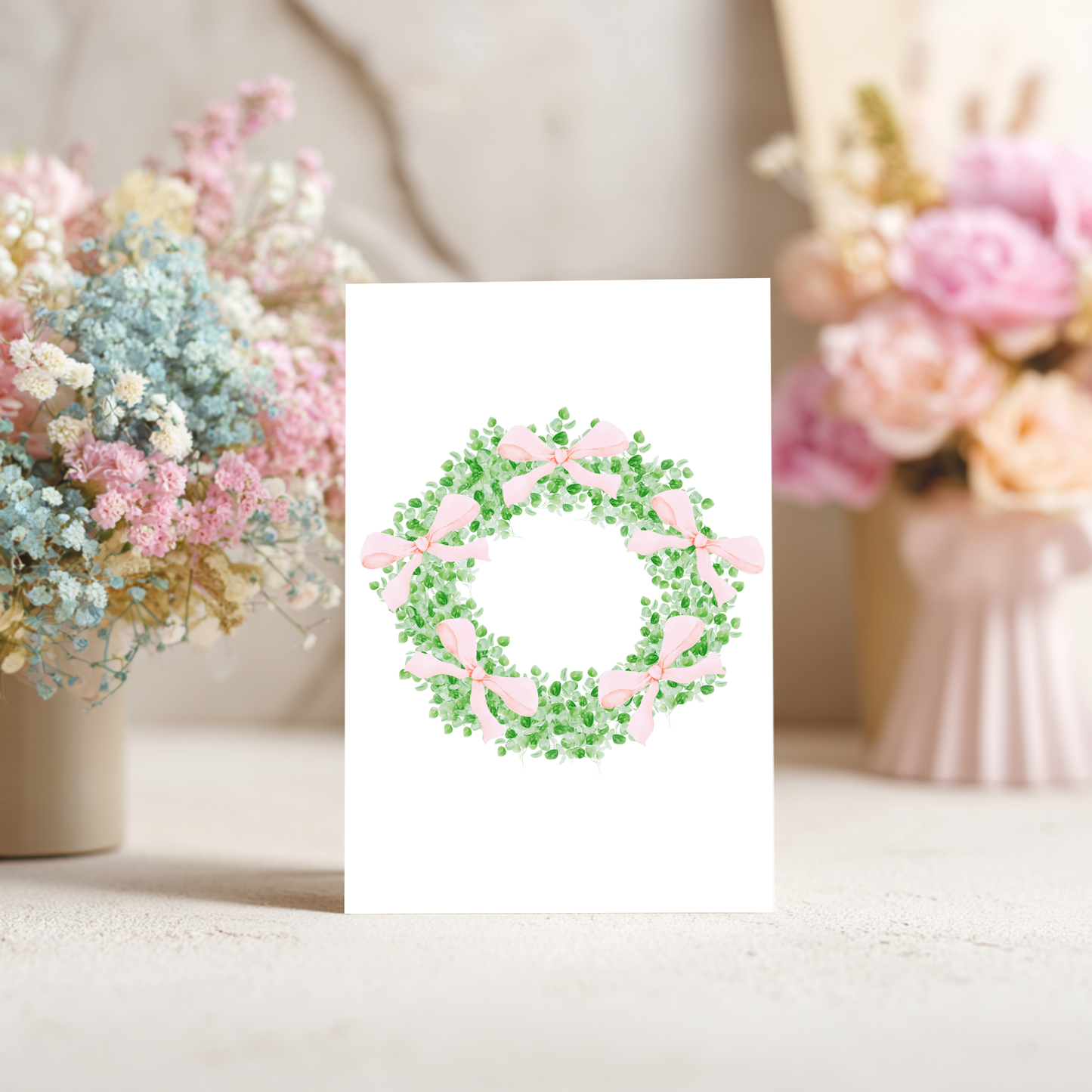 Wreath with Pink Bows Greeting Card – Watercolor Design on Linen Cardstock