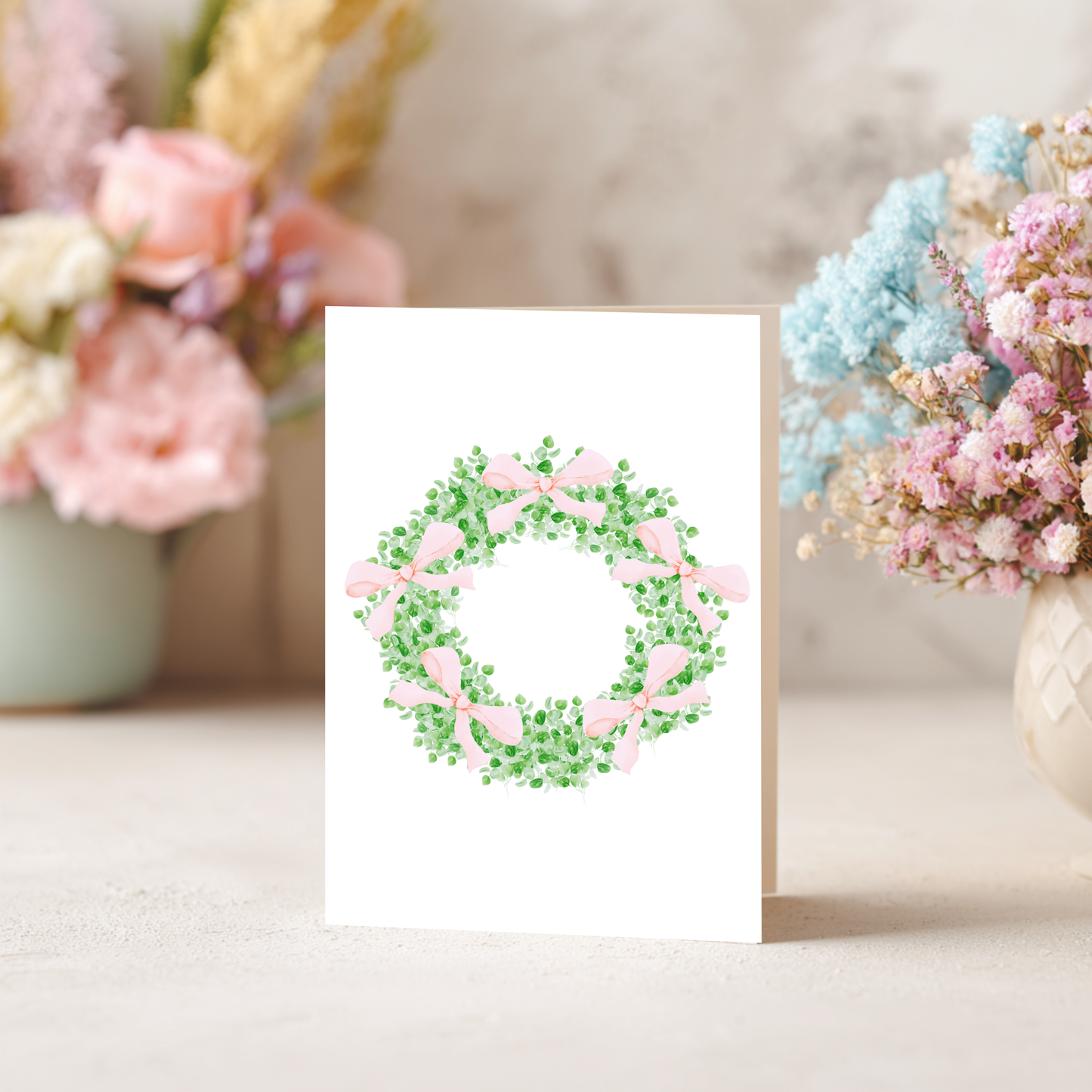 Wreath with Pink Bows Greeting Card – Watercolor Design on Linen Cardstock