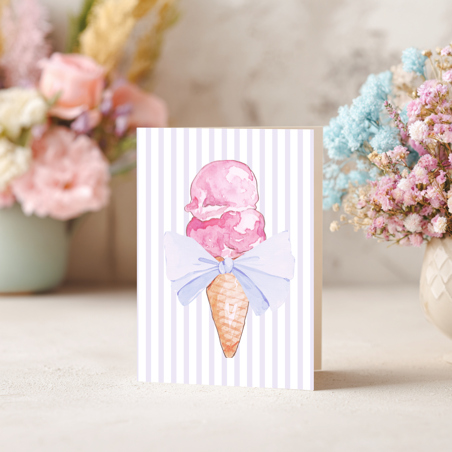 Ice Cream Birthday Card – Watercolor Design Blank Inside with Envelope