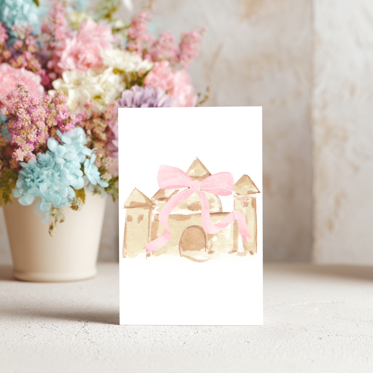 Sandcastle Greeting Card – Watercolor Beach Birthday Card, Blank Inside