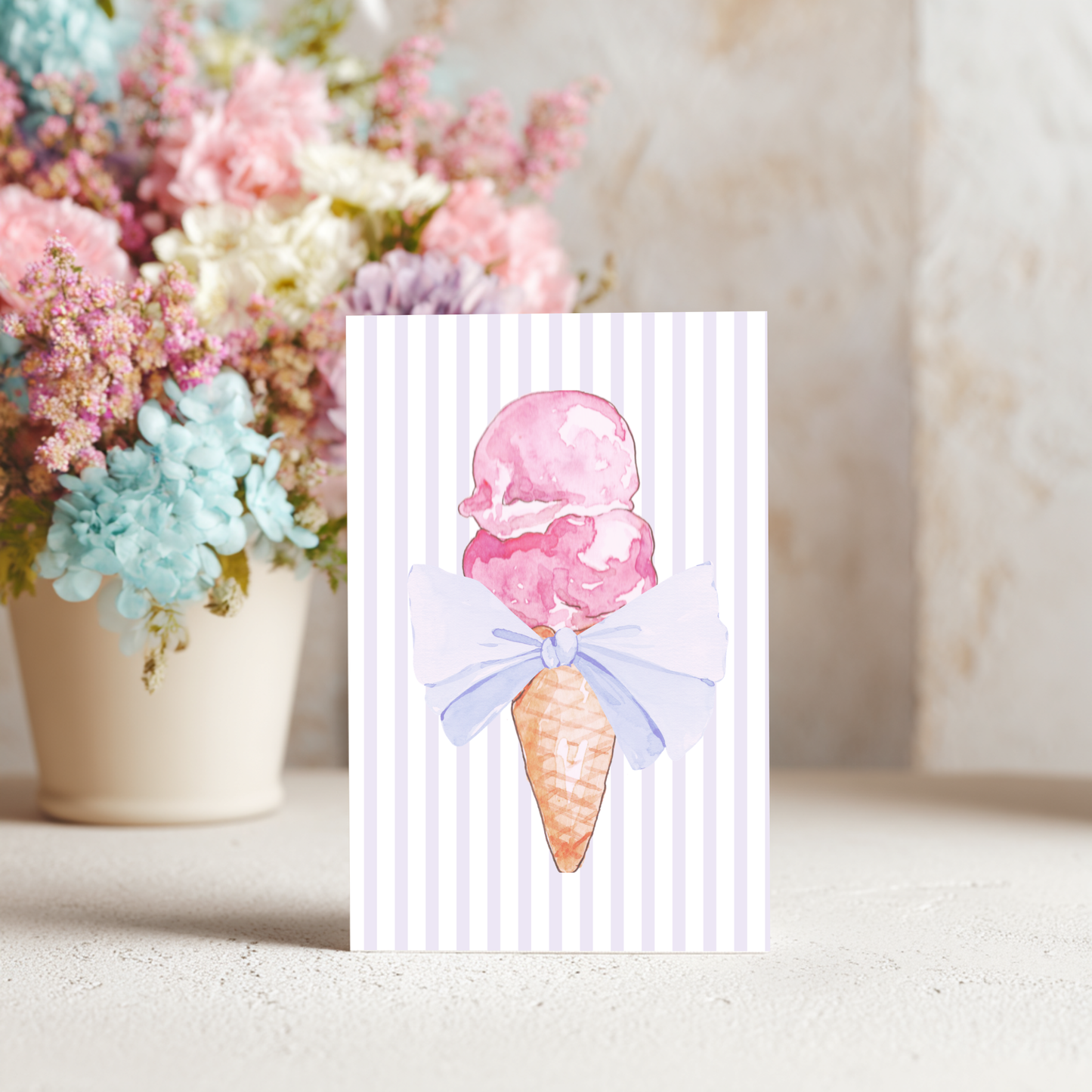 Ice Cream Birthday Card – Watercolor Design Blank Inside with Envelope