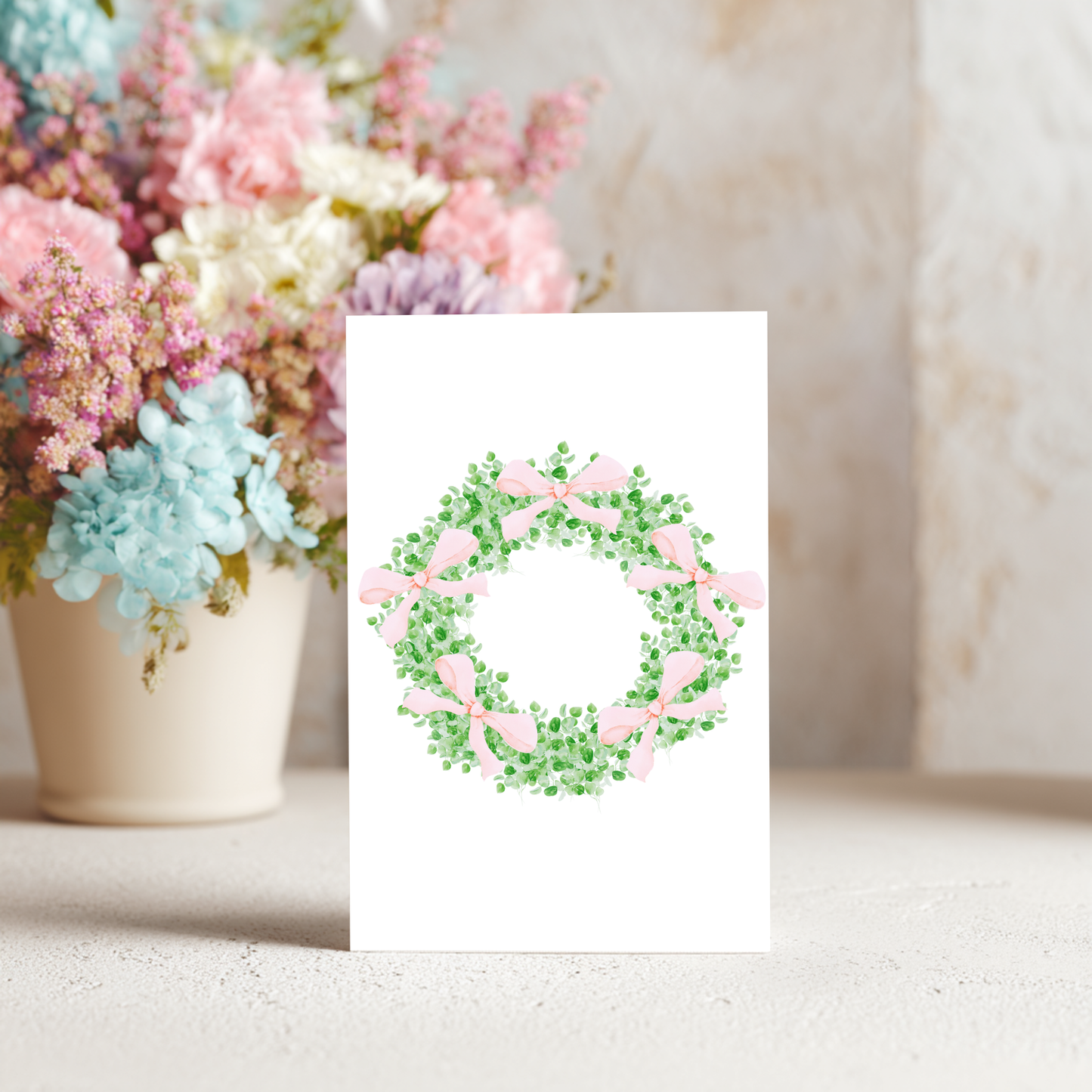 Wreath with Pink Bows Greeting Card – Watercolor Design on Linen Cardstock