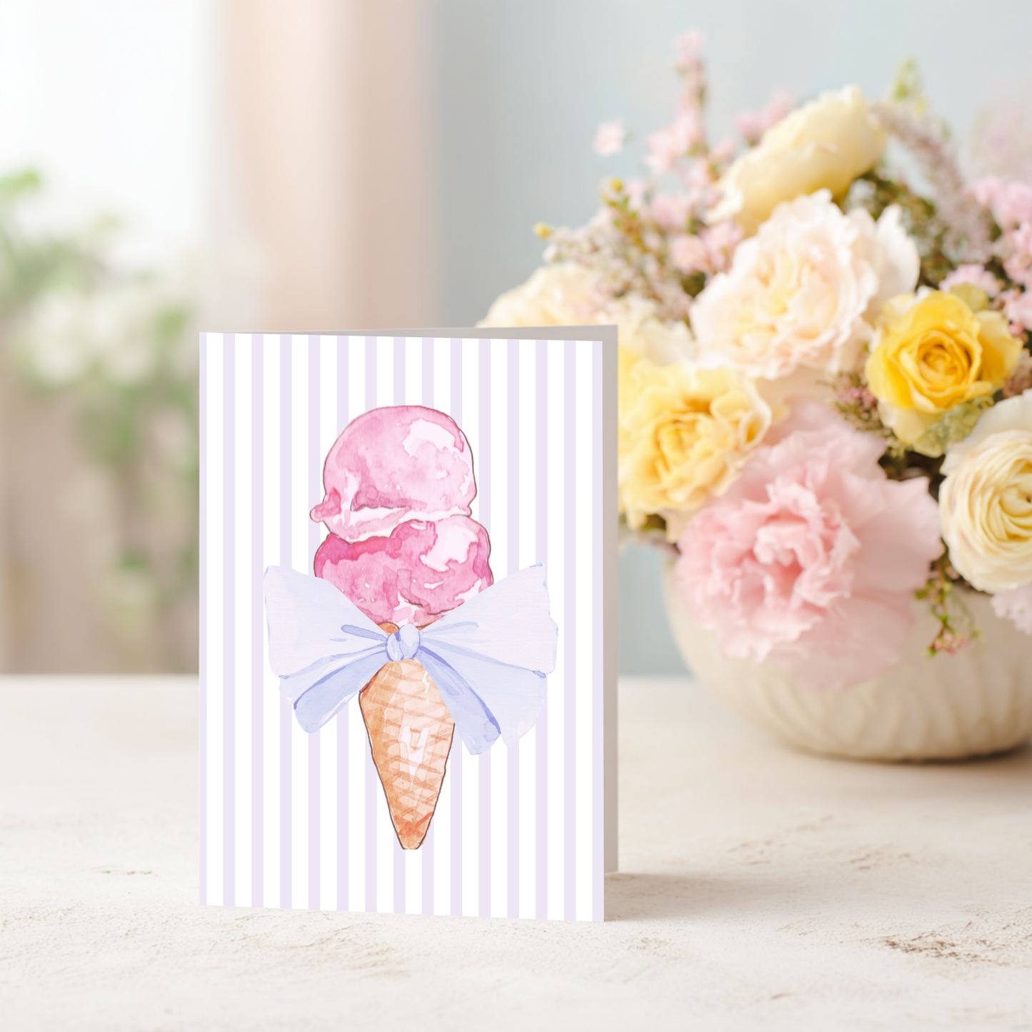 Ice Cream Birthday Card – Watercolor Design Blank Inside with Envelope
