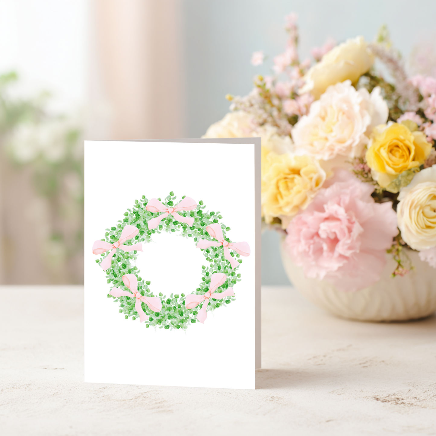 Wreath with Pink Bows Greeting Card – Watercolor Design on Linen Cardstock