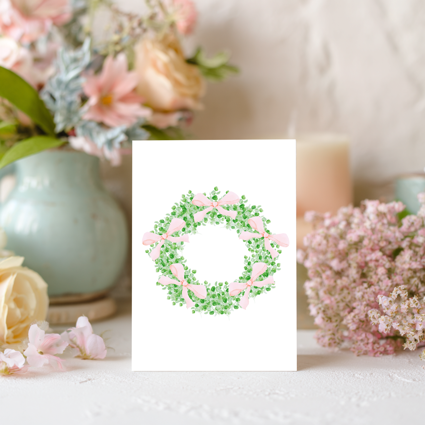 Wreath with Pink Bows Greeting Card – Watercolor Design on Linen Cardstock
