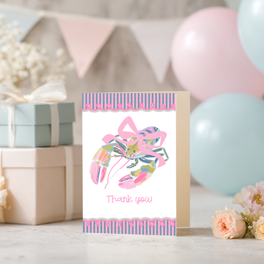 Lobster Thank You Card – Illustrated Coastal Design with Preppy Striped Border