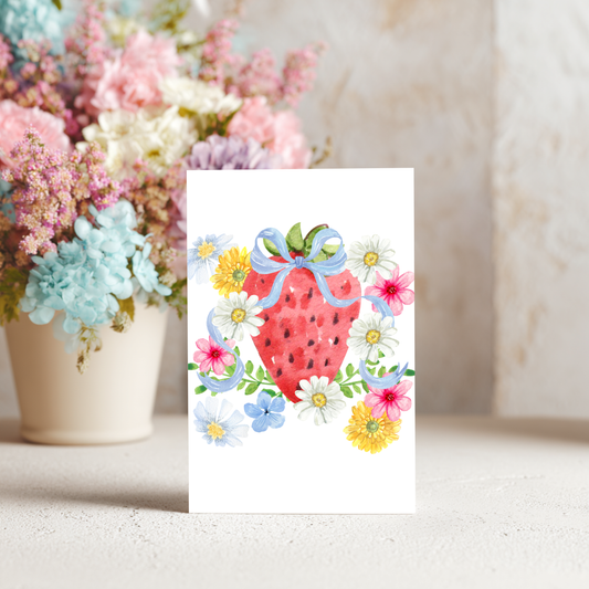 Spring Greeting Card Watercolor Floral Design Blank Inside Message Card Linen Cardstock Quality Matching Envelope Included Decorative Fruit Blue Ribbon Bow Spring Flowers Daisies Pink Cosmos Yellow Blooms Blue Forget Me Nots Perfect Thank