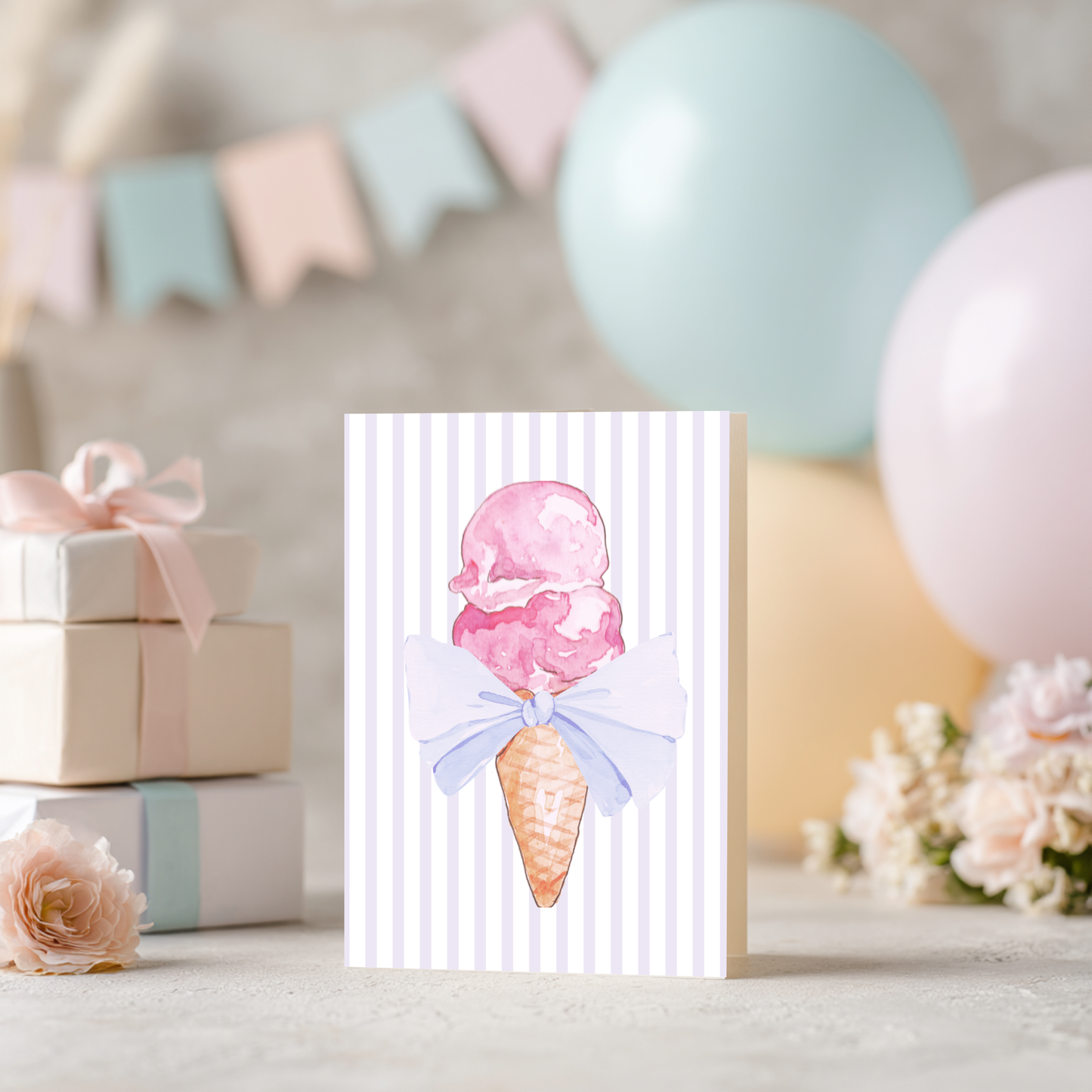 Ice Cream Birthday Card – Watercolor Design Blank Inside with Envelope