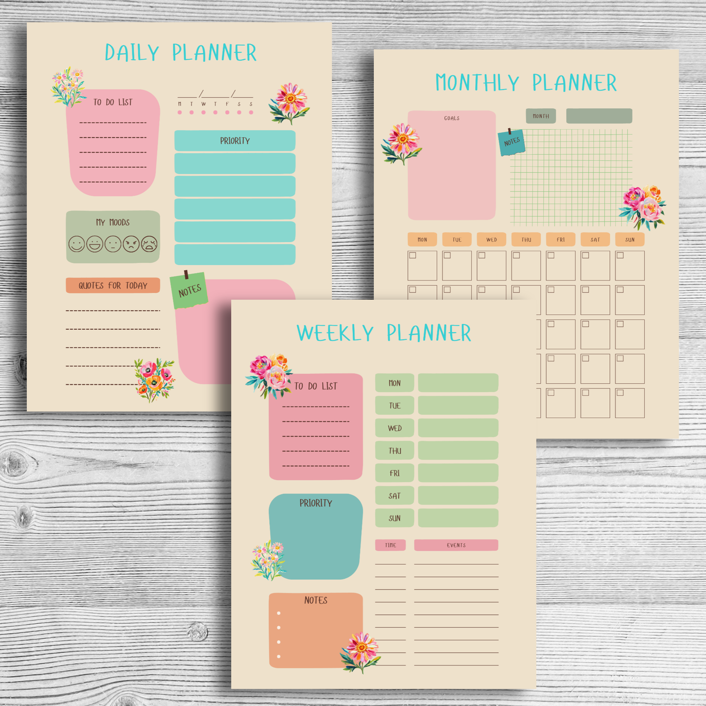 Daily, Weekly, Monthly Planner Bundle | Preppy Planner, Journal | Girly Planner | Positive Planner | Motivational Planner | Floral Planner