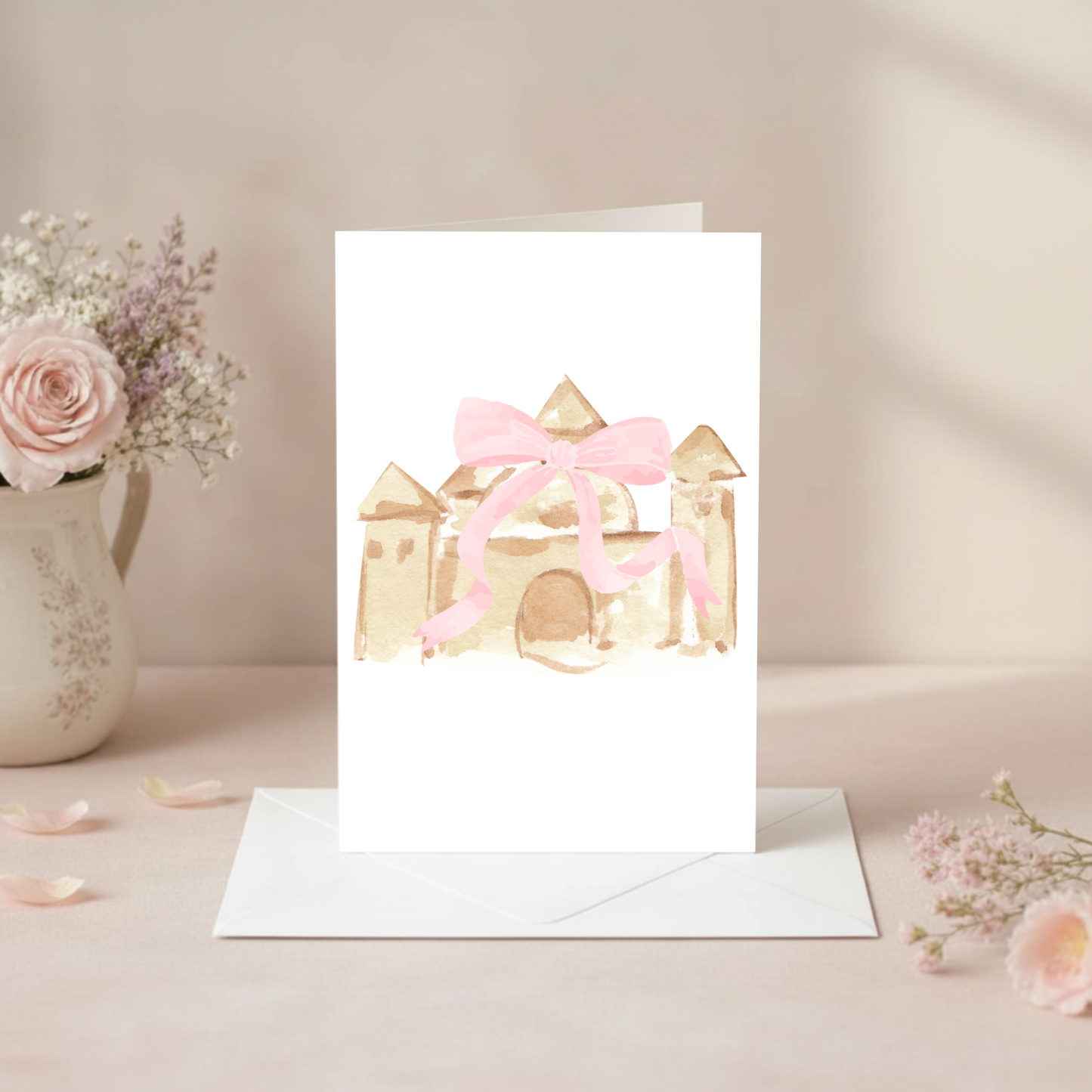 Sandcastle Greeting Card – Watercolor Beach Birthday Card, Blank Inside