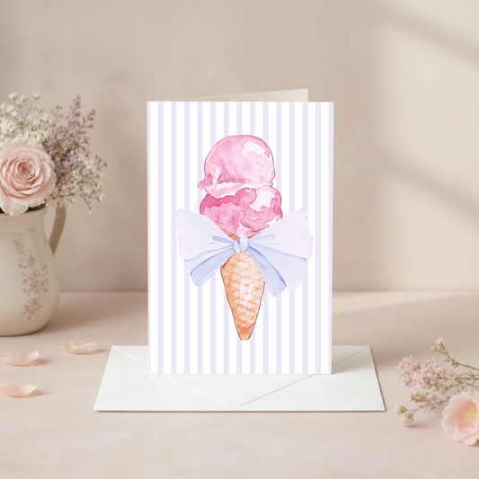 Ice Cream Birthday Card – Watercolor Design Blank Inside with Envelope