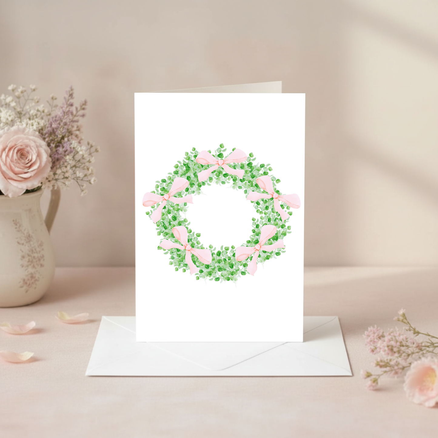 Wreath with Pink Bows Greeting Card – Watercolor Design on Linen Cardstock