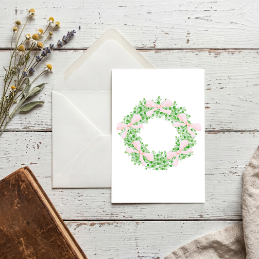 Wreath with Pink Bows Greeting Card – Watercolor Design on Linen Cardstock
