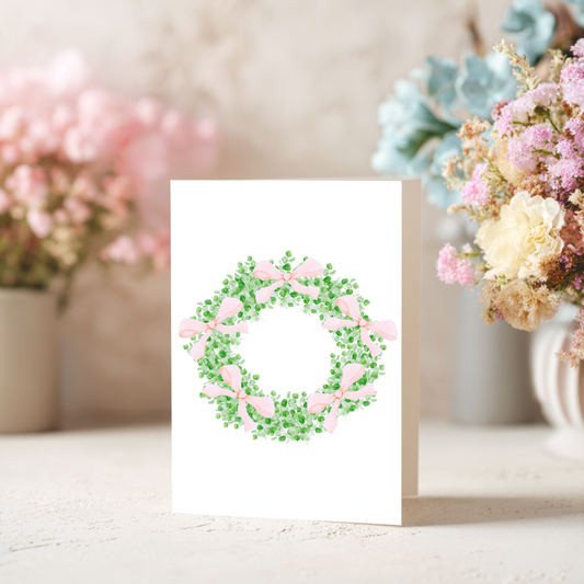 Wreath with Pink Bows Greeting Card – Watercolor Design on Linen Cardstock
