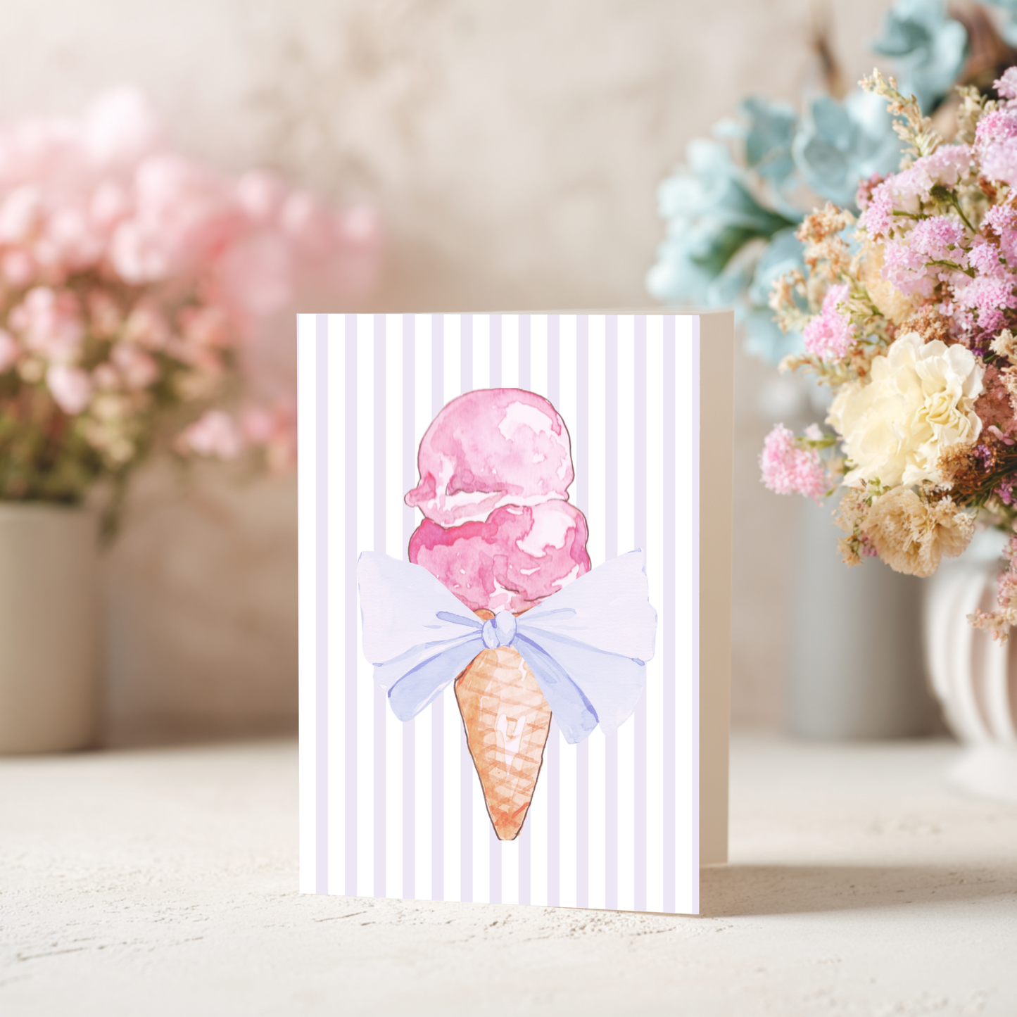 Ice Cream Birthday Card – Watercolor Design Blank Inside with Envelope