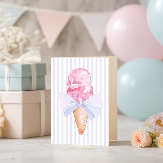 Watercolor Ice Cream Birthday Card Pink Cone Purple Bow Design Striped Background Pattern Professionally Printed Linen Cardstock Blank Inside Envelope Included Perfect Birthday Greeting Sweet Celebration Message Cute Friend Gift Summer