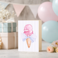 Watercolor Ice Cream Birthday Card Pink Cone Purple Bow Design Striped Background Pattern Professionally Printed Linen Cardstock Blank Inside Envelope Included Perfect Birthday Greeting Sweet Celebration Message Cute Friend Gift Summer