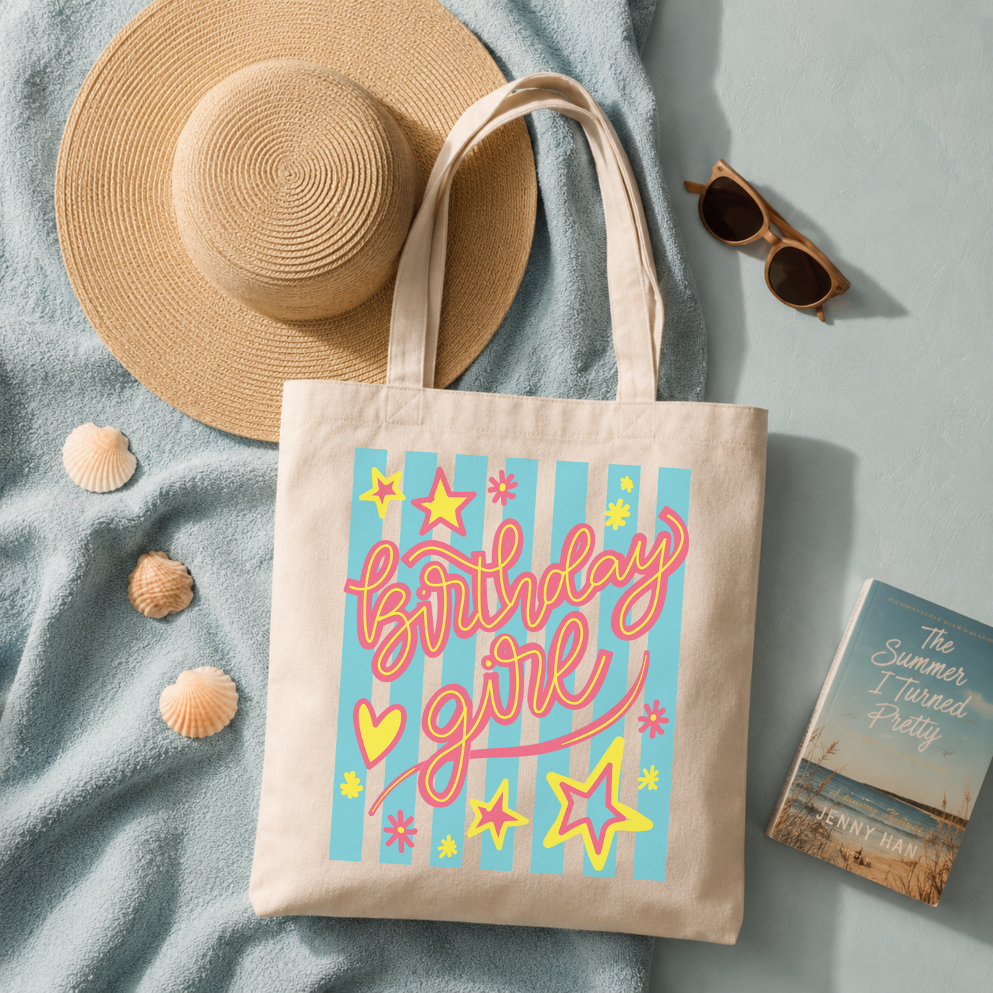 Birthday Girl Canvas Tote Bag Reusable Gift Bag Pink Floral Design Yellow Star Pattern Blue Stripe Detail Natural Beige Cotton Eco Friendly Party Favor Perfect Birthday Celebration Accessory Non Toxic Material Cute Festive Style Keepsake