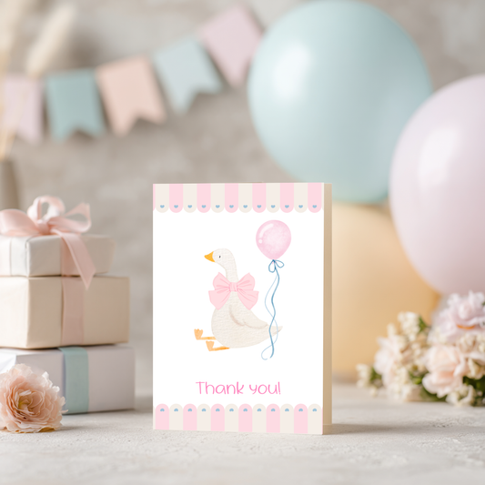 Baby Shower Thank You Card Silly Goose Design White Goose Wearing Pink Bow Holding Pink Balloon Girl Theme Pink White Striped Border Polka Dot Accents Linen Cardstock Quality Premium Texture Matching Envelope Included 4.25 x 5.5 Inch