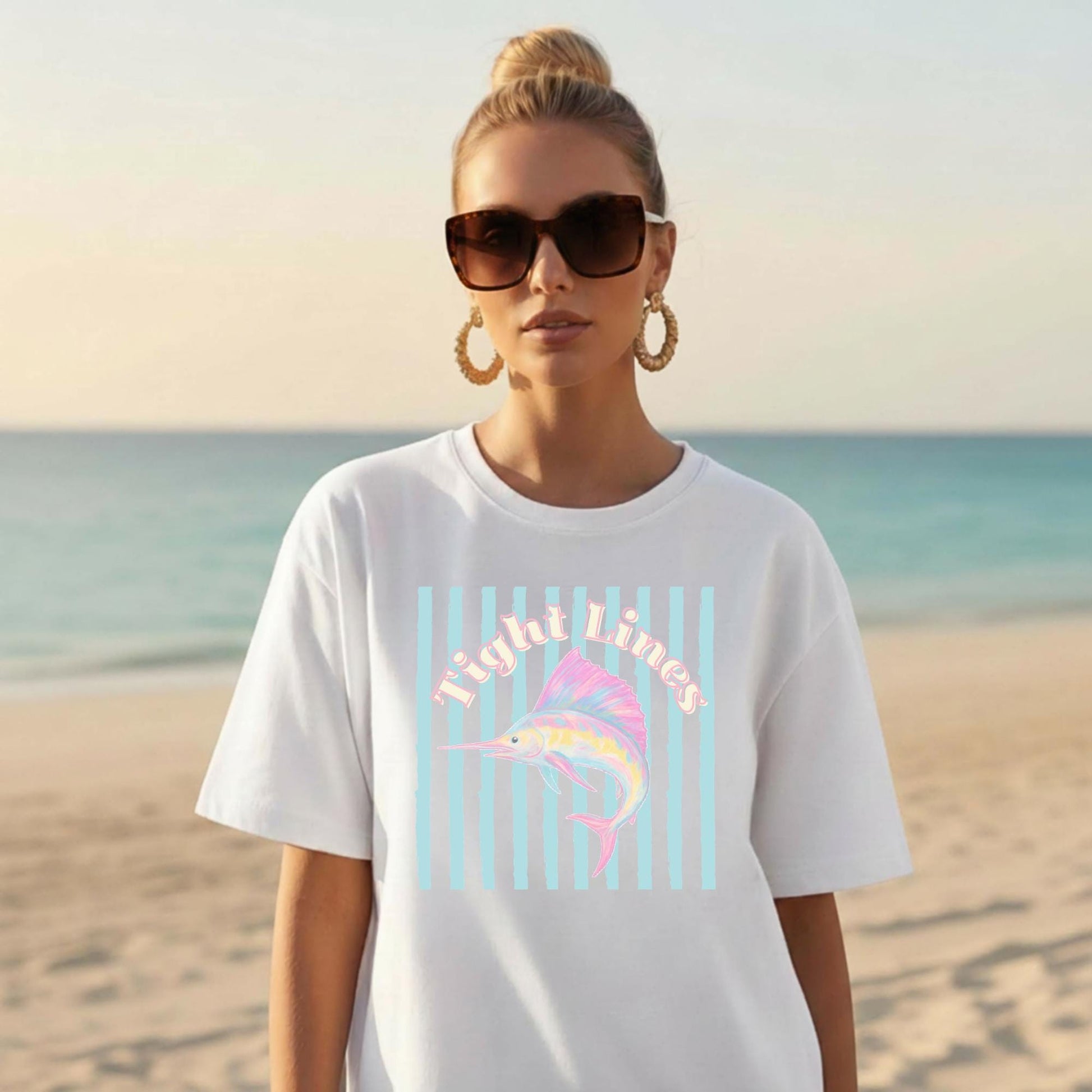 Vintage Fishing Apparel Sailfish Shirt Women Retro Coastal Style Tight Lines Tee Nautical Ocean Design Comfort Colors Premium Cotton Pastel Pink Yellow Turquoise Striped Background Perfect Gift Woman Angler Beach Vacation Clothing
