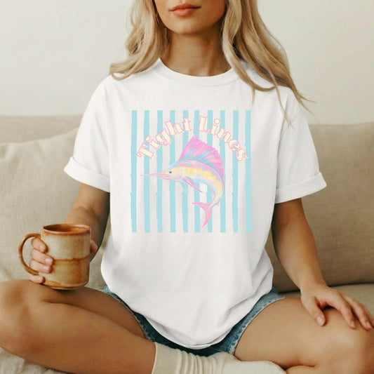 Retro Coastal Fishing Tee Sailfish Graphic Shirt Vintage Design Women Anglers Tight Lines Text Pastel Pink Yellow Turquoise Colors Striped Background Nautical Apparel Beach Lifestyle Clothing Ocean Lover Gift Comfort Colors Premium Tee