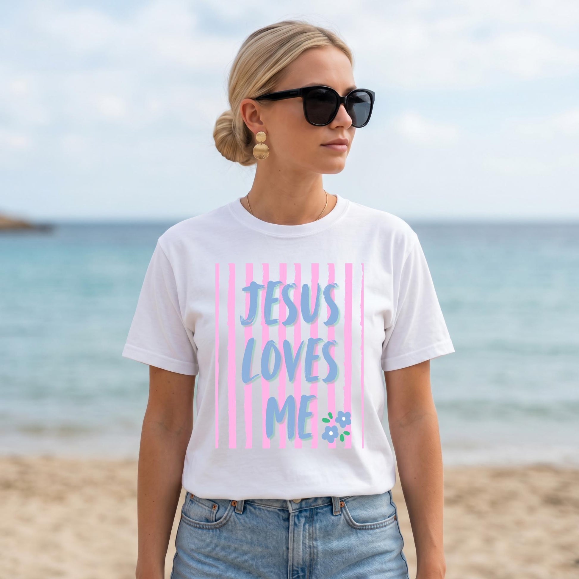 Faith Based Apparel Women Christian Graphic Tee Jesus Loves Me Shirt Religious Clothing Top Inspirational Message Design Premium Cotton Comfort Fabric Breathable Soft Material Gradient Blue Purple Text Pink Stripe Floral Accent Church