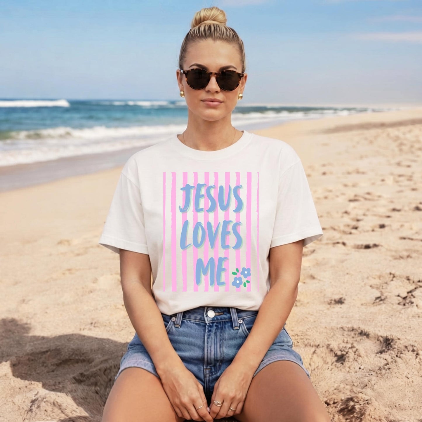 Religious Clothing Women Jesus Loves Me Christian Shirt Faith Based Graphic Tee Inspirational Scripture Apparel Versatile Church Outfit Top Casual Faith Wear Gradient Blue Purple Design Pink Stripe Pattern Floral Detail Premium Cotton