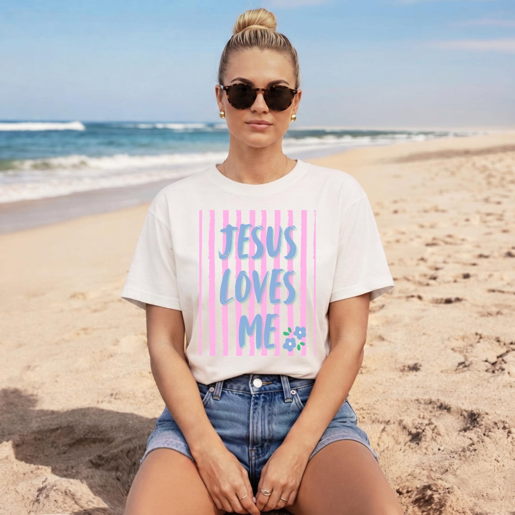 Religious Clothing Women Jesus Loves Me Christian Shirt Faith Based Graphic Tee Inspirational Scripture Apparel Versatile Church Outfit Top Casual Faith Wear Gradient Blue Purple Design Pink Stripe Pattern Floral Detail Premium Cotton
