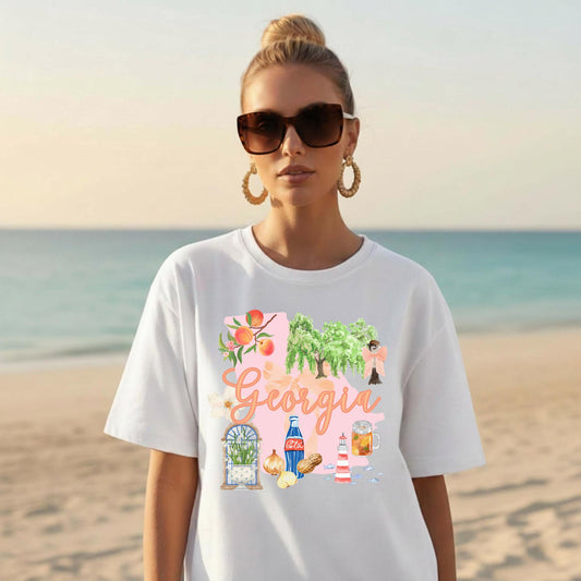 Southern Heritage Graphic Tee Georgia State Shirt Peach Branch Willow Tree Design Lighthouse Cola Bottle Peanut Graphics Sweet Tea Mason Jar Print Pink State Silhouette Comfort Colors Fabric Soft Cotton Tshirt Regional Pride Apparel Atlanta