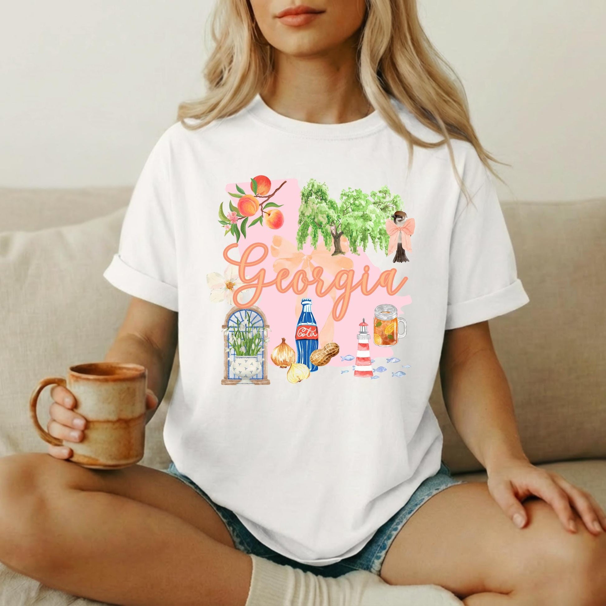Atlanta Souvenir Shirt Georgia State Pride Tee Travel Gift Collection Regional Pride Clothing Southern Graphic Design Peach State Silhouette Print Comfort Colors Fabric Soft Cotton Tshirt Peach Branch Willow Tree Lighthouse Cola Bottle