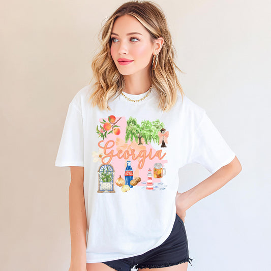 Georgia State Pride Shirt Southern Graphic Tee Peach State Design Comfort Colors Fabric Pink Silhouette Print Atlanta Souvenir Gift Regional Pride Clothing Casual Everyday Wear Hometown Love Apparel Peach Branch Graphics Willow Tree Design