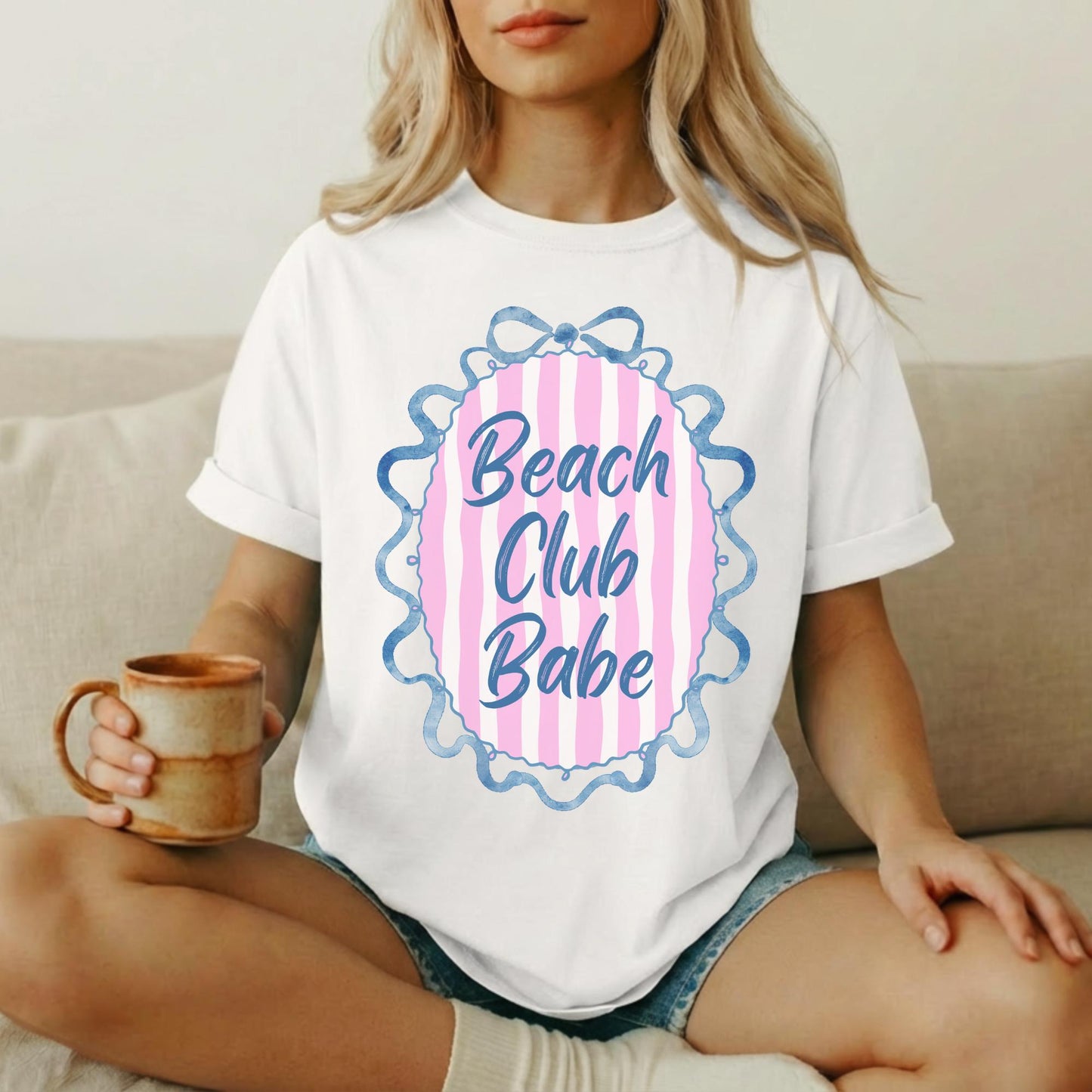 Coastal Fashion Tee Women Beach Club Shirt Summer Vacation Graphic Top Preppy Nautical Stripe Design Pink White Pattern Blue Scalloped Border Bow Accent Perfect Lake Beach Getaway Resort Wear Outfit Poolside Style Casual Summer Tshirt