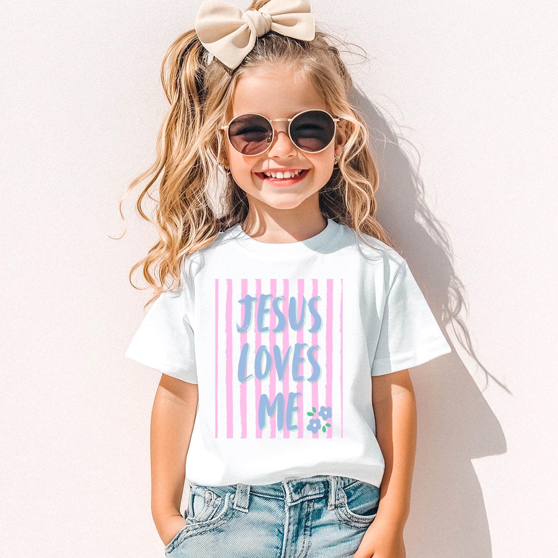 Jesus Loves Me Youth Christian Shirt Girls Faith Based Tee Gradient Pink Blue Purple Design Floral Accent Graphics Soft Comfort Colors Cotton Blend Perfect Sunday School Outfit Worship Service Attire Easter Celebration Wear Baptism Gift