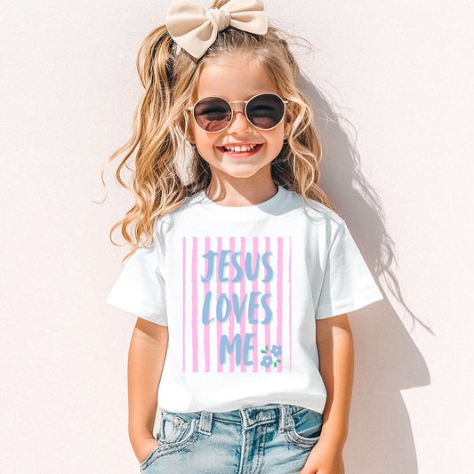 Jesus Loves Me Youth Christian Shirt Girls Faith Based Tee Gradient Pink Blue Purple Design Floral Accent Graphics Soft Comfort Colors Cotton Blend Perfect Sunday School Outfit Worship Service Attire Easter Celebration Wear Baptism Gift