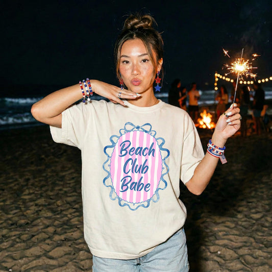 Beach Club Babe Shirt Women Summer Vacation Tee Preppy Nautical Stripe Design Pink White Pattern Blue Scalloped Border Bow Accent Coastal Fashion Top Perfect Resort Wear Outfit Lake Trips Beach Days Poolside Style Casual Summer Graphic