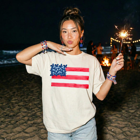 Patriotic Shirt Women American Flag Watercolor Hearts Design Comfort Colors Tshirt Fourth July Independence Day Outfit Casual Summer Wear USA Red White Blue Artistic Style Memorial Day Celebration Soft Fabric Comfortable Fit Perfect Holiday