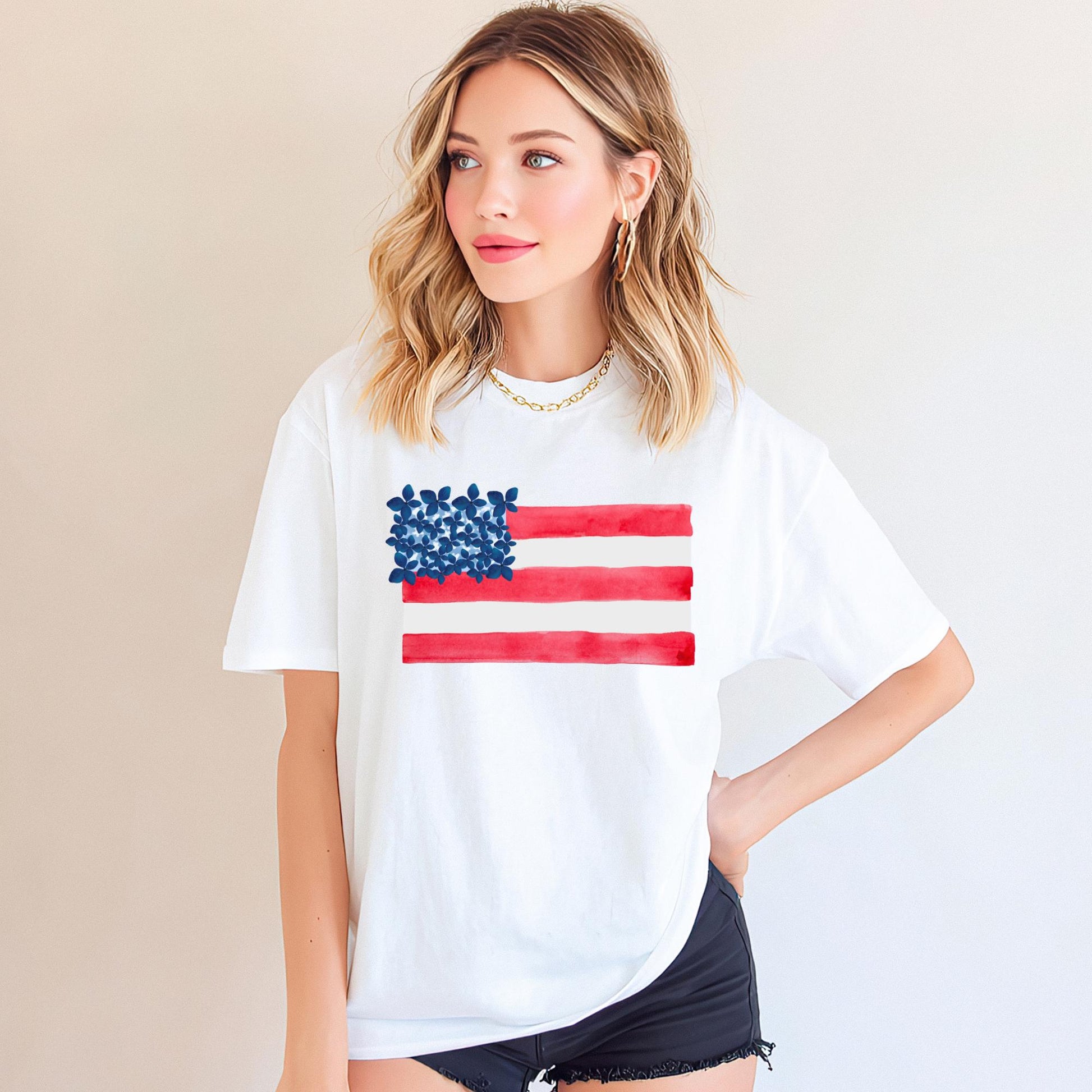American Flag Shirt Women Watercolor Design Patriotic Tshirt Comfort Colors Fourth July Outfit Independence Day Celebration Casual Summer Wear Red White Blue Hearts Pattern USA Memorial Day Party Soft Comfortable Fabric Perfect Fireworks