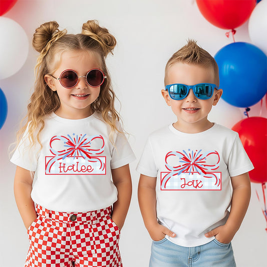 Fourth July Family Matching Outfit Custom Name Youth Shirt Personalized Kids Independence Day Clothing Firework Design Red Blue Stars Patriotic Children Apparel Summer Celebration Parade Photos BBQ Holiday Gift Soft Comfort Colors Tee