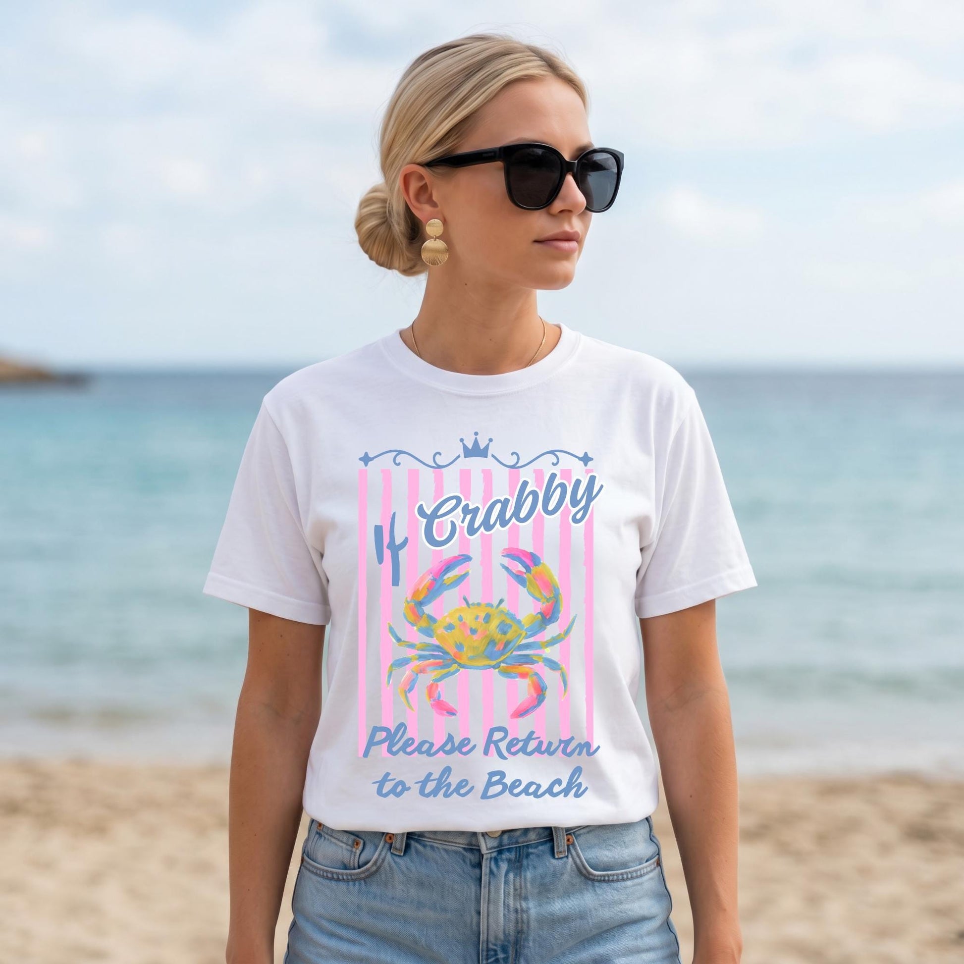 Watercolor Beach Shirt Womens Summer Vacation Tee Funny Crab Coastal Design Ocean Lover Graphic Clothing Vintage Retro Aesthetic Pink Stripe Pattern Rainbow Illustration Crown Accent Soft Comfort Fabric Relaxed Fit Perfect Seaside Trip
