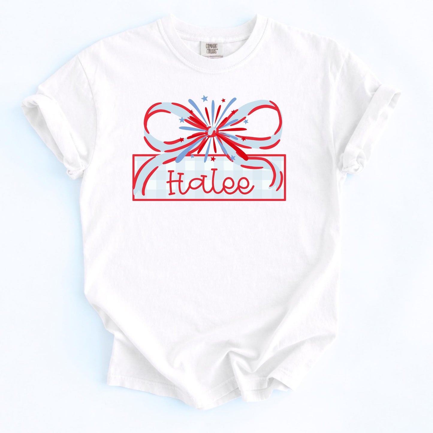 Custom Firework Design Youth Shirt Personalized Name Kids Fourth July Clothing Red Blue Patriotic Stars Graphics Bow Frame Independence Day Children Apparel Soft Comfort Colors Tee Garment Dyed Fabric Summer Celebration Parade Outfit Family